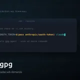 Janela de terminal escura com o comando CLAUDE_CODE_OAUTH_TOKEN=$(pass anthropic/oauth-token) claude destacado, sobre um fundo com textura de fingerprint GPG e um cadeado; wordmark 'pass + gpg'.