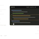 Mockup de terminal mostrando test_suite.sh com bloco destacado anotado como intent review, ao lado da marca dágua 32K linhas de shellscript