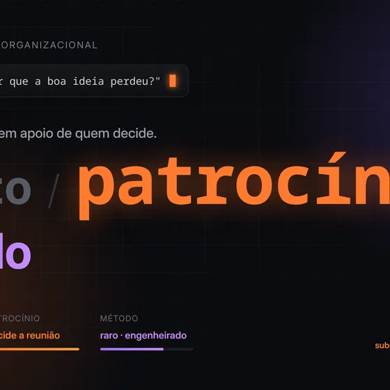 Pôster de terminal escuro: mérito / patrocínio (em destaque laranja, marcado 'vence') / método em violeta, com barras comparando cada um.
