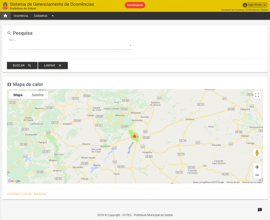 mapa de calor das ocorrências por endereço